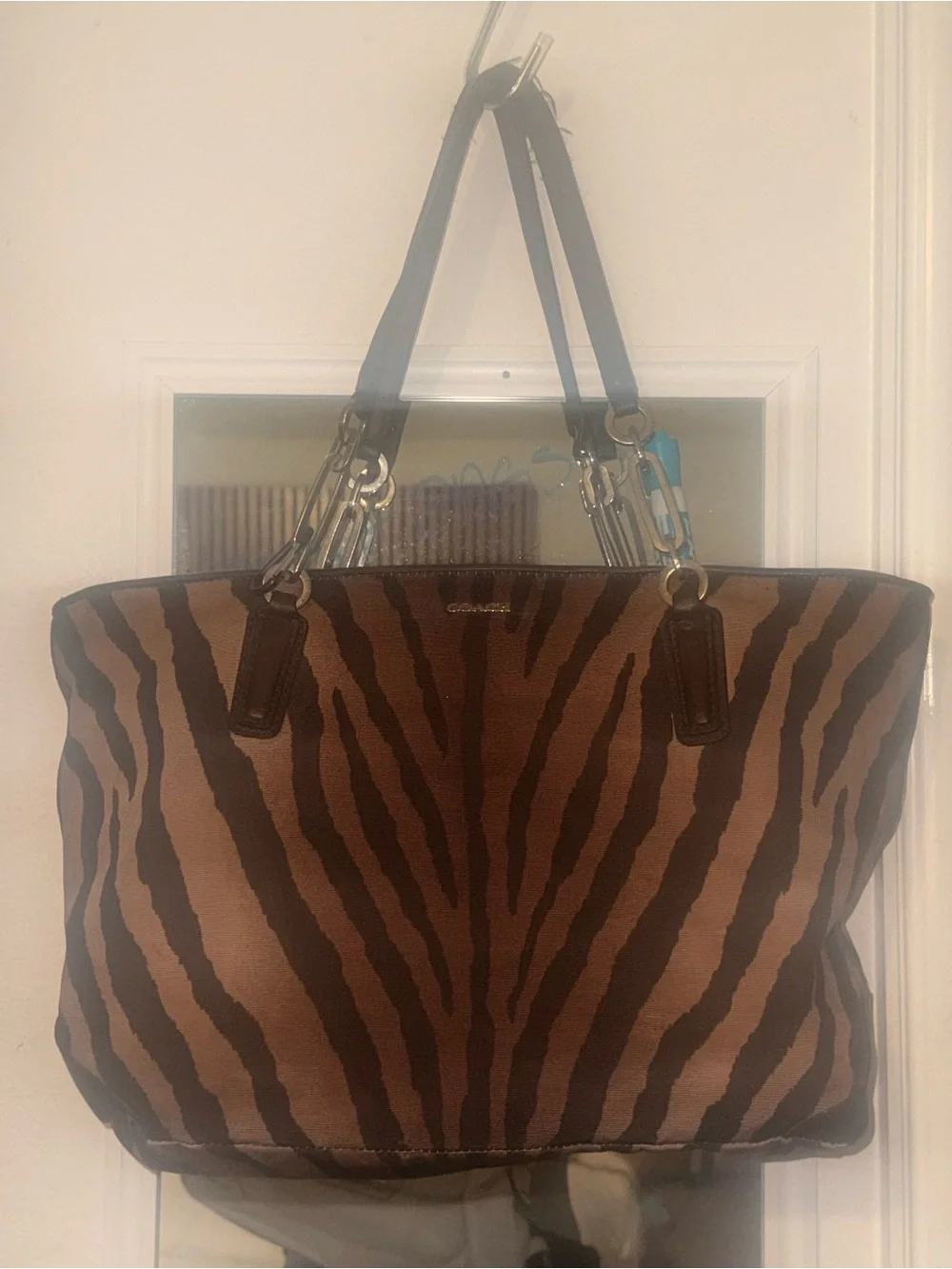 Coach Brown and Dark Brown Zebra-Print Leather Tote